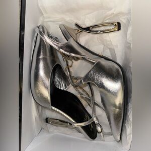 Silver Daniela Uribe Be Yourself Pump with logo heel, like NEW